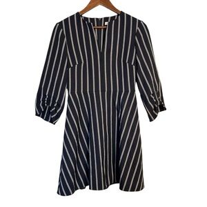 Tibi Navy Blue Striped Felix Ponte Knit Split Neck Dress Women's Size 2